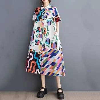 Новое винтажное платье с цветочным принтом больших размеров с коротким рукавом для женщин, повседневное свободное длинное летнее платье-рубашка белый