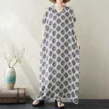Новое винтажное платье с цветочным принтом больших размеров с коротким рукавом для женщин, повседневное свободное длинное летнее платье темно-синий