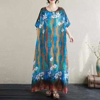 Новое винтажное платье с цветочным принтом больших размеров с коротким рукавом для женщин, повседневное свободное длинное летнее платье макси