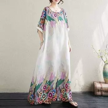Новое винтажное платье с цветочным принтом больших размеров с коротким рукавом для женщин, повседневное свободное длинное летнее платье макси