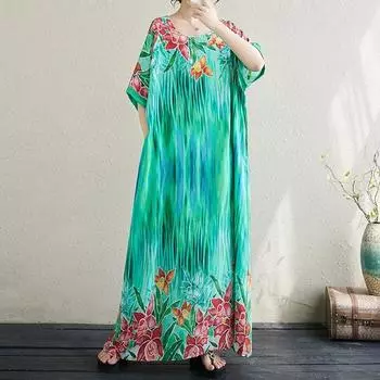 Новое винтажное платье с цветочным принтом больших размеров с коротким рукавом для женщин, повседневное свободное длинное летнее платье макси