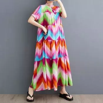 Новое винтажное платье с цветочным принтом больших размеров с коротким рукавом для женщин, повседневное свободное длинное летнее платье розовый