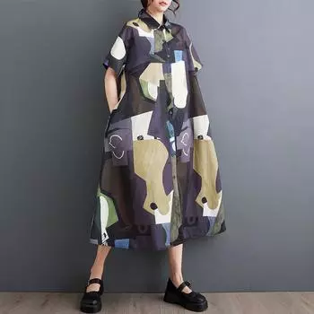 Новое винтажное платье с цветочным принтом больших размеров с коротким рукавом для женщин, повседневное свободное длинное летнее платье-рубашка фиолетовый