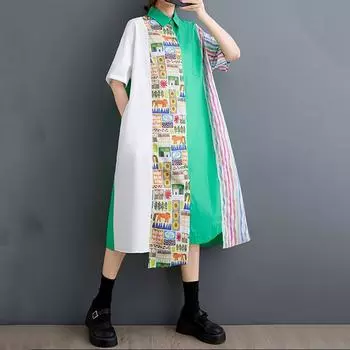 Новое винтажное платье с цветочным принтом больших размеров с коротким рукавом для женщин, повседневное свободное длинное летнее платье-рубашка зелёный