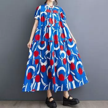 Новое винтажное платье с цветочным принтом больших размеров с коротким рукавом для женщин, повседневное свободное длинное летнее платье синий
