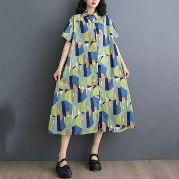 Новое винтажное платье с цветочным принтом больших размеров с коротким рукавом для женщин, повседневное свободное длинное летнее платье-рубашка зелёный