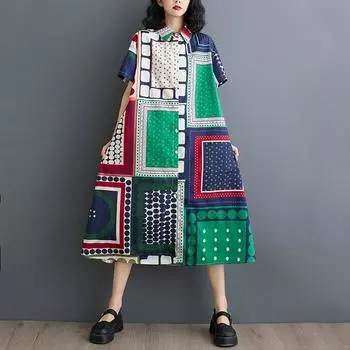 Новое винтажное платье с цветочным принтом больших размеров с коротким рукавом для женщин, повседневное свободное длинное летнее платье-рубашка