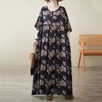 Новое винтажное платье с цветочным принтом больших размеров с коротким рукавом для женщин, повседневное свободное длинное летнее платье макси