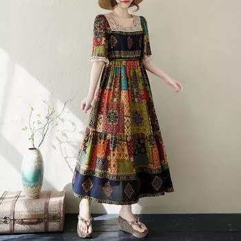 Новое винтажное платье с цветочным принтом больших размеров с коротким рукавом для женщин, повседневное свободное длинное летнее платье
