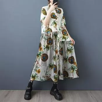 Новое винтажное платье с цветочным принтом больших размеров с коротким рукавом для женщин, повседневное свободное длинное летнее платье-рубашка