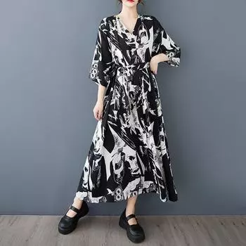 Новое винтажное платье с цветочным принтом больших размеров с коротким рукавом для женщин, повседневное свободное длинное летнее платье L
