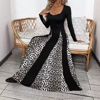 Новое винтажное женское вечернее платье в стиле пэчворк, женское леопардовое платье с длинным рукавом и V-образным вырезом, роскошное платье А-силуэта S чёрный