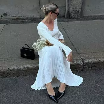 Новое вязаное платье макси с v-образным вырезом, женское элегантное уличное платье в рубчик с длинным рукавом, плиссированные платья с высокой талией, женский трикотаж S чёрный