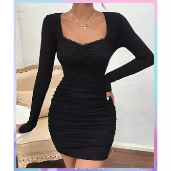 Новое вязаное сексуальное платье с длинными рукавами, облегающая юбка на бедрах S чёрный
