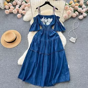 Новое высокое качество с открытыми плечами женское летнее элегантное платье на тонких бретельках с цветочной вышивкой и расклешенными рукавами ковбойское джинсовое платье макси Vestido M синий