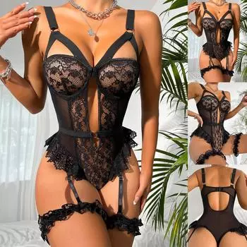 Новое забавное нижнее белье, сексуальное черное кружевное сетчатое женское боди с очаровательным комплектом нижнего белья S