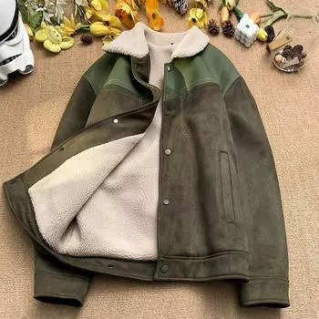 Новое замшевое лоскутное пальто с хлопковой подкладкой Пальто для мужчин Зимняя американская винтажная кашемировая куртка с лацканами в стиле меньшинств с хлопковой подкладкой M чёрный