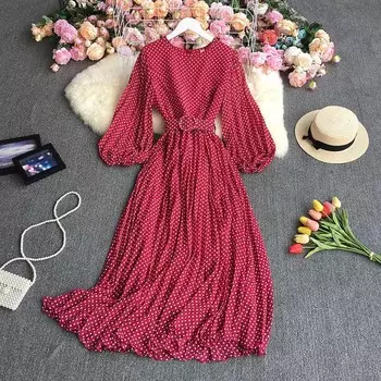 Новое женское длинное платье с длинным рукавом и поясом, элегантное шифоновое платье в винтажном стиле с плиссировкой и большим подолом высокого качества One Size красный