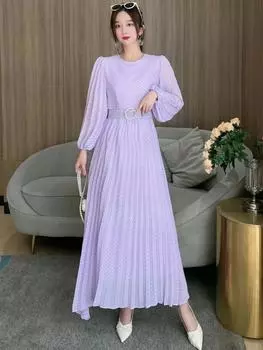 Новое женское длинное платье с длинным рукавом и поясом, элегантное шифоновое платье в винтажном стиле с плиссировкой и большим подолом высокого качества One Size коричневый