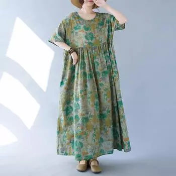Новое женское длинное платье с круглым вырезом и принтом, свободное мягкое платье больших размеров, повседневное дышащее летнее пляжное платье для женщин one size зелёный