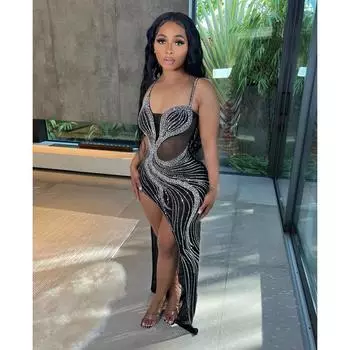 Новое женское длинное платье, сексуальное платье миди с открытой спиной, без рукавов, с открытыми плечами, элегантное платье на бретельках со стразами, Клубные вечерние платья 2XL чёрный