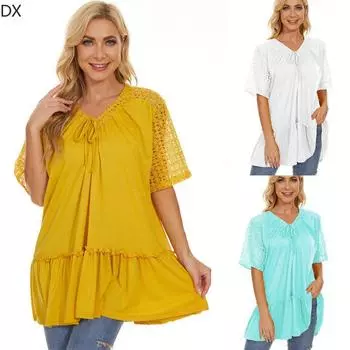 Новое женское европейское и американское кружево с V-образным вырезом и короткими рукавами. S жёлтый