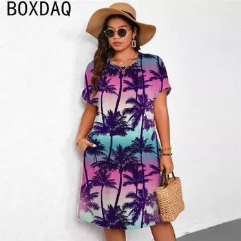 Новое женское гавайское пляжное платье для отдыха с принтом в виде пальм и кокоса, мини-платье свободного покроя с короткими рукавами и круглым вырезом S