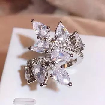 Новое женское кольцо, модное блестящее ювелирное изделие с кристаллами AAAA, открытое кольцо в форме листа, обручальное кольцо, вечерние ювелирные изделия, женское кольцо 6 белый