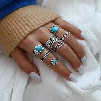 Новое женское кольцо, модное кольцо в стиле бохо с бирюзовой розой, тотемом, набор колец из 7 предметов для женщин