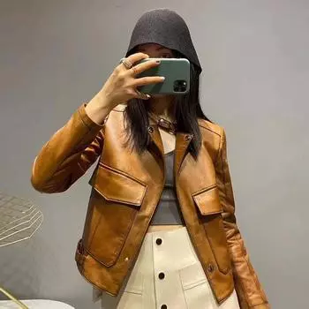 Новое женское короткое мотоциклетное пальто из натуральной кожи из овчины, тонкое маленькое пальто из одной кожи 3XL