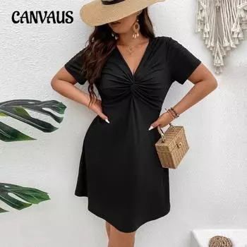 Новое женское короткое платье с V-образным вырезом и талией A Word Knit 1XL чёрный