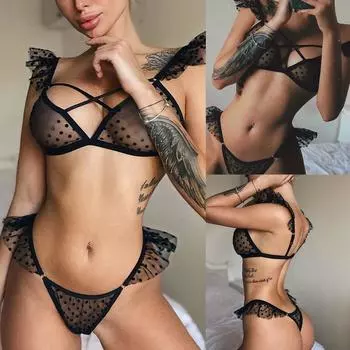 Новое женское кружевное белье больших размеров, бюстгальтер + стринги, комплект нижнего белья, черная одежда для сна L