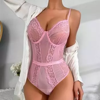 Новое женское кружевное цельное нижнее белье с глубоким v-образным вырезом, сексуальное боди Тедди, S-2XL S розовый