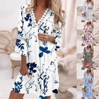 Новое женское кружевное лоскутное платье с v-образным вырезом в богемном стиле, повседневное курортное платье, женское платье S