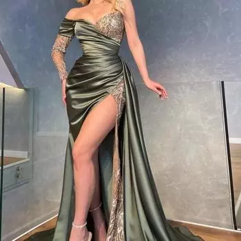 Новое женское кружевное сексуальное длинное платье с хвостом, банкетное вечернее платье S зелёный