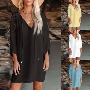 Новое женское летнее модное легкое пляжное солнцезащитное платье с v-образным вырезом и шнуровкой S небесно-голубой