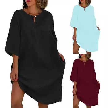 Новое женское летнее однотонное платье из хлопка и льна с рукавами семь точек в стиле пэчворк с v-образным вырезом L чёрный