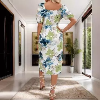 Новое женское летнее платье 2025 года с короткими рукавами и разрезом на рукавах-фонариках S зелёный