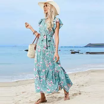 Новое женское летнее платье 2025 года с V-образным вырезом и коротким рукавом, бохо-пляжное платье для отпуска S морская волна