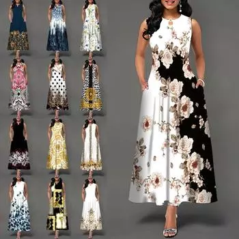 Новое женское летнее платье без рукавов с принтом, S-5XL, летнее винтажное свободное длинное платье с круглым вырезом и карманами в стиле бохо, большие размеры 4XL чёрный/жёлтый