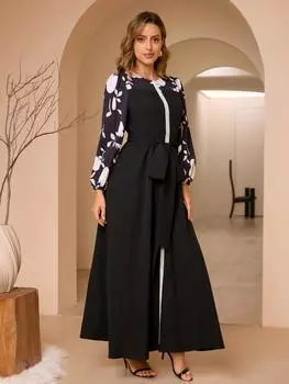 Новое женское миди-платье с кружевной отделкой и принтом - Ближневосточная мусульманская мода Medium чёрный