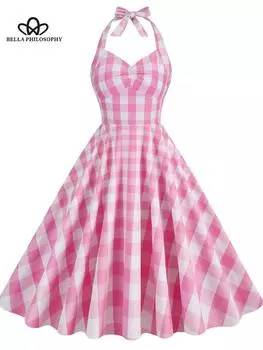 Новое женское милое модное винтажное розовое клетчатое длинное платье на шнурке с одной линией шеи и высокой талией, женское модное платье S