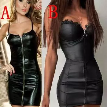 Новое женское модное черное латексное платье без рукавов из искусственной кожи с кружевной молнией и облегающим мини-платьем посылка с v-образным вырезом и v-образным вырезом, платье на груди с запахом, халат, платье размера плюс XXXXL