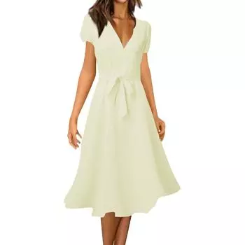 Новое женское модное и сексуальное однотонное платье с v-образным вырезом, облегающее платье с завязками, большая распашная юбка-трапеция для женщин L бежевый