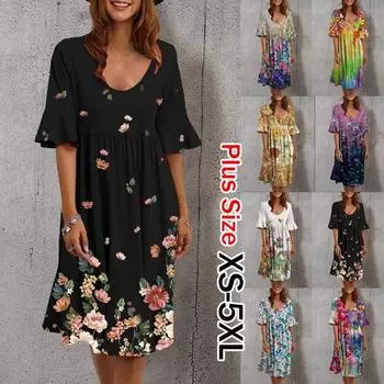 Новое женское модное летнее элегантное платье с рукавами и принтом, повседневные вечерние платья с круглым вырезом, свободное милое платье для девочек, большие размеры XS-5XL XXL чёрный
