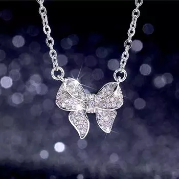 Новое женское модное ожерелье с подвеской в виде банта серебряного цвета с ослепительным фианитом, стильные универсальные женские украшения, подарки на вечеринку 45cm