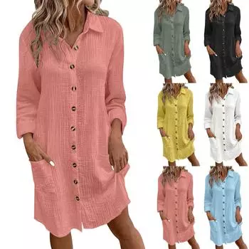 Новое женское модное повседневное однотонное свободное платье средней длины с длинным рукавом на пуговицах XXL светло-синий