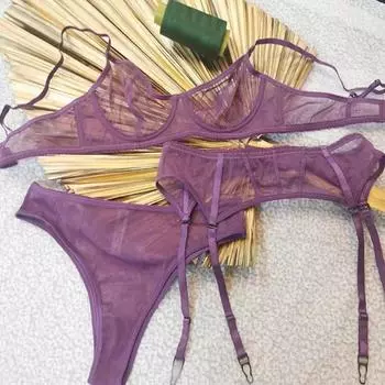 Новое женское нижнее белье, сексуальное кружевное ультратонкое комплект с бюстгальтером пуш-ап, прозрачное сетчатое нижнее белье, комплект из 3 предметов: бюстгальтер + трусики + подвязки S белый