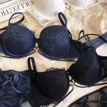 Новое женское нижнее белье, сексуальный полый комплект с бюстгальтером пуш-ап, кружевной комплект с цветочной вышивкой, бюстгальтер и трусики, женский черный романтический комплект нижнего белья 70B чёрный