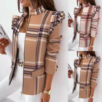 Новое женское осенне-зимнее клетчатое пальто на молнии с оборками XXXL